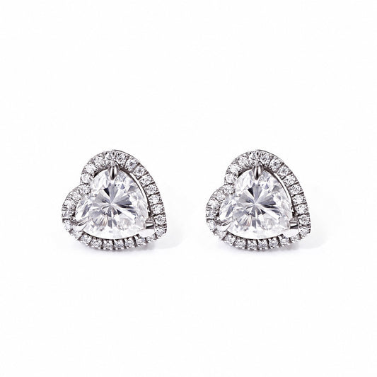 Heart halo stud earrings, front view