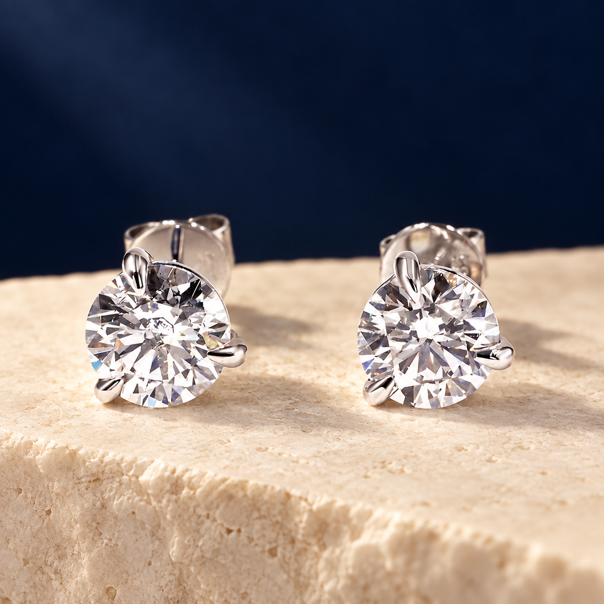 AI-styled editorial image of the three-claw lab diamond studs on ivory stone against midnight blue; supplier photo shown first.