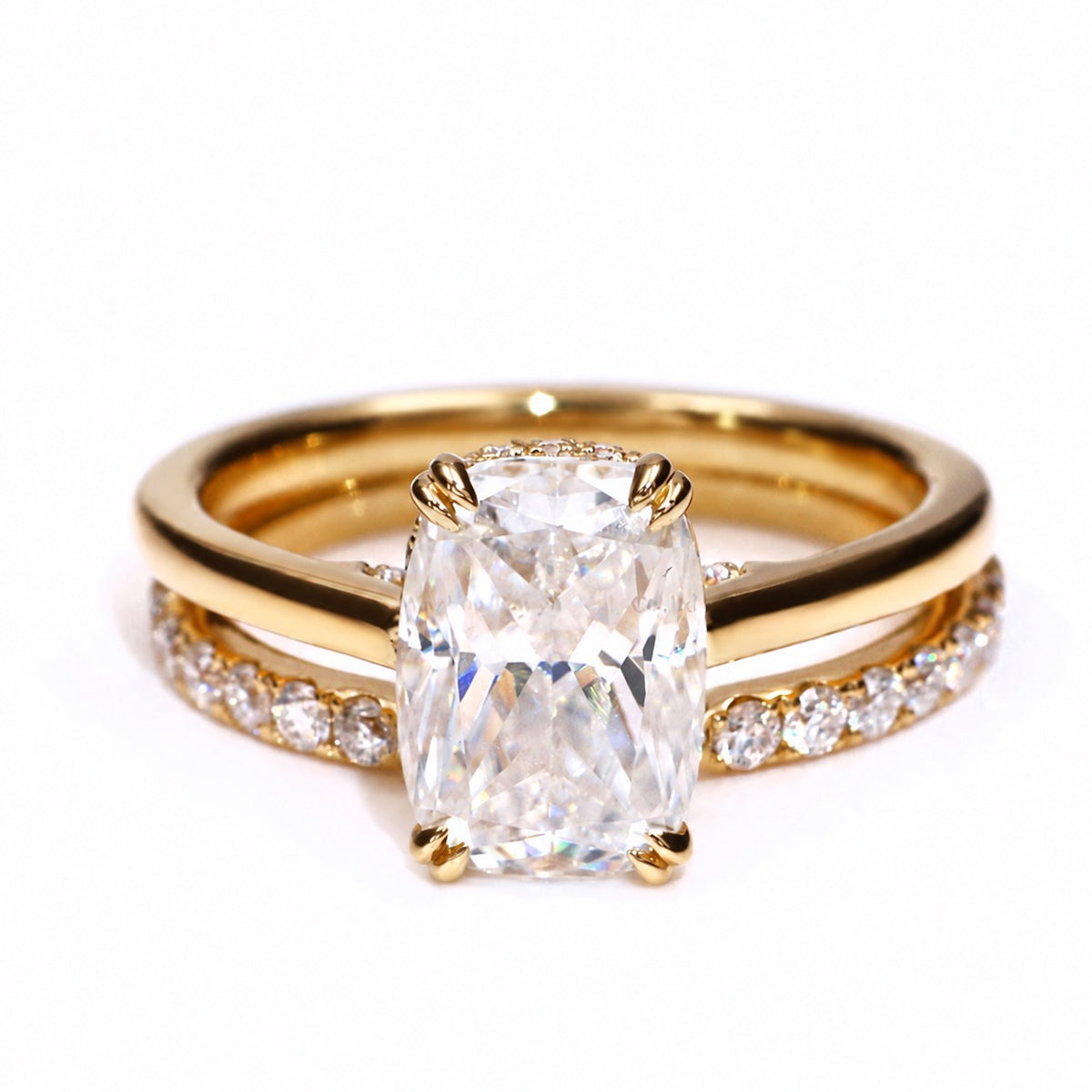 Cushion moissanite bridal ring set in yellow gold