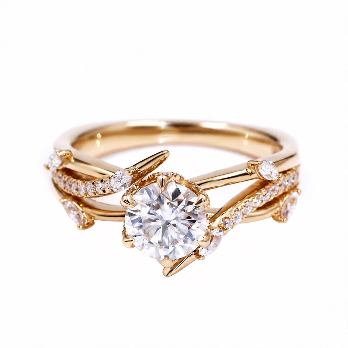 Round moissanite vine ring in yellow gold