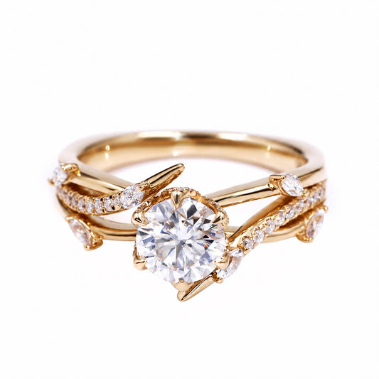 Round moissanite vine ring in yellow gold