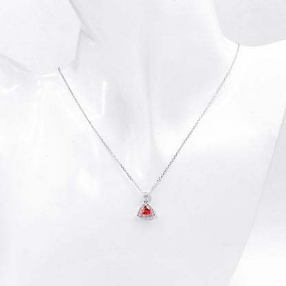 Pink trillion halo necklace displayed on a white bust