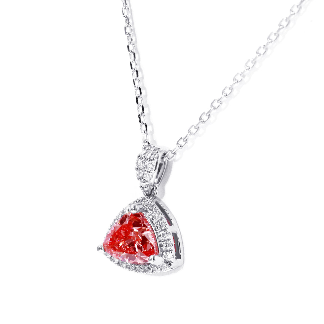 Side view of the pink trillion pendant in white gold