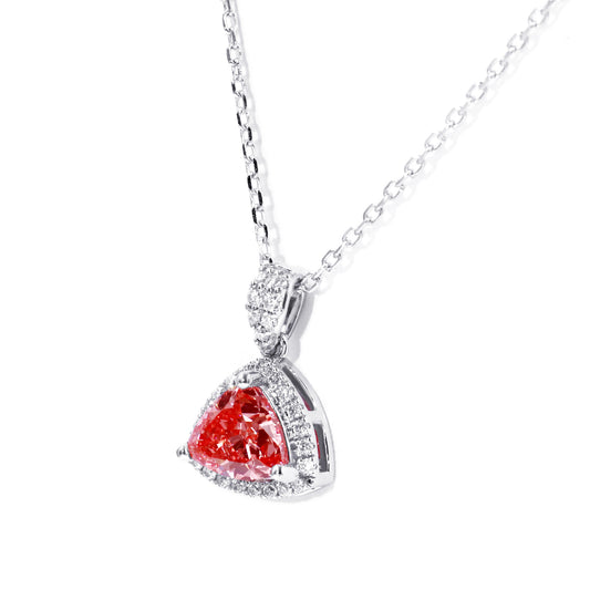 Side view of the pink trillion pendant in white gold