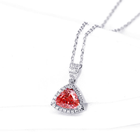 Pink trillion lab diamond pendant with a triangular halo