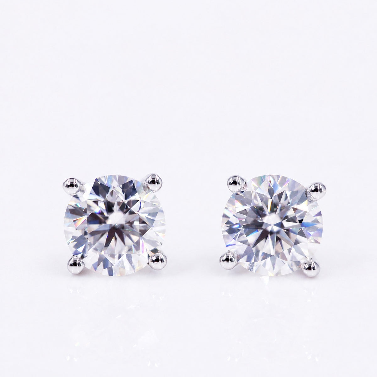 Round brilliant moissanite stud earrings, front view