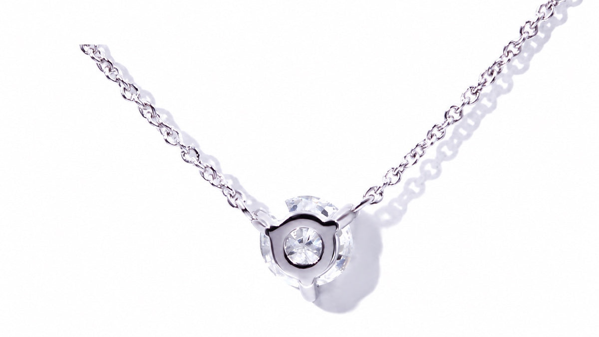 Reverse of the white gold three-prong moissanite setting