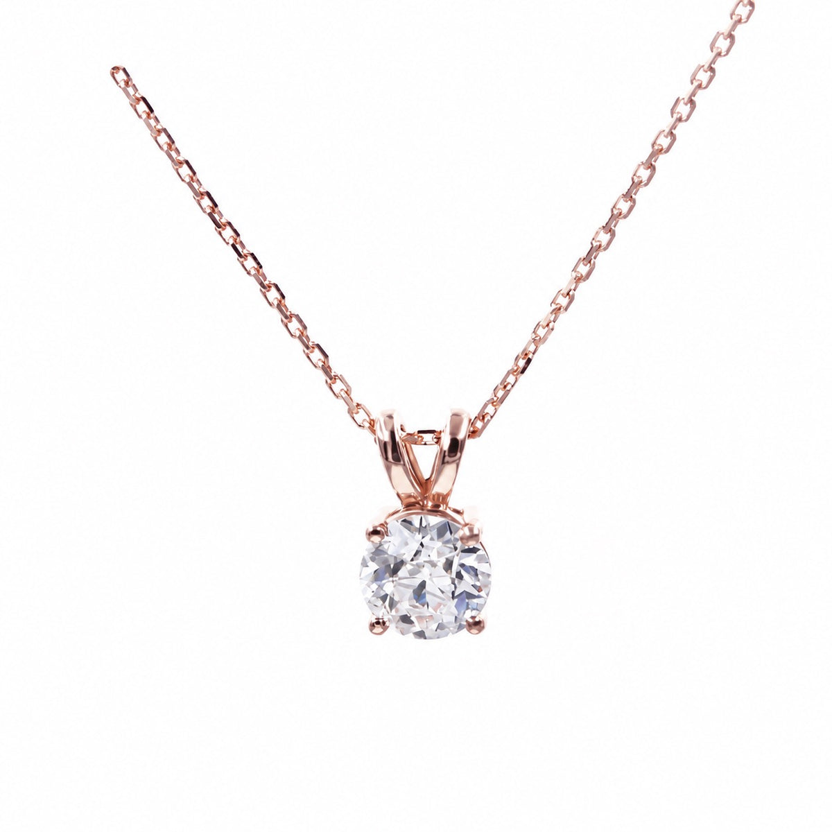 Rose gold loop-bail moissanite necklace on a white background