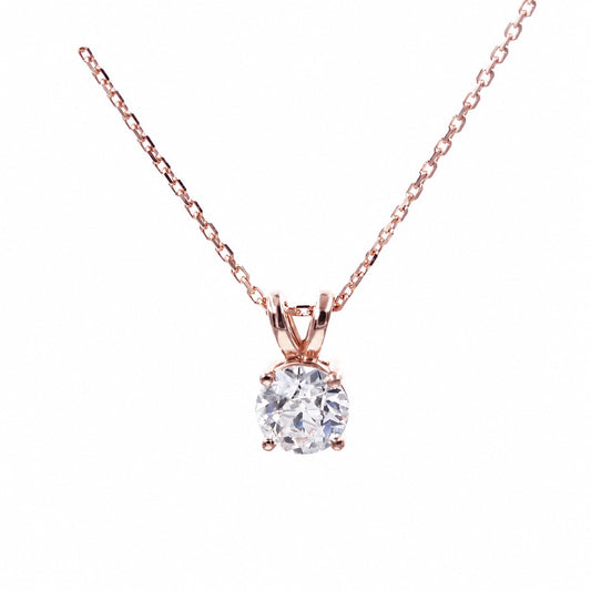 Rose gold loop-bail moissanite necklace on a white background