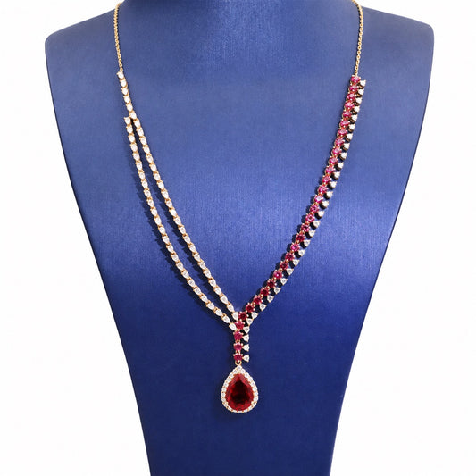 Ruby and moissanite necklace on a display bust