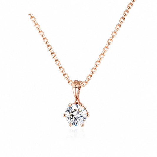 Round moissanite solitaire necklace in 14K rose gold