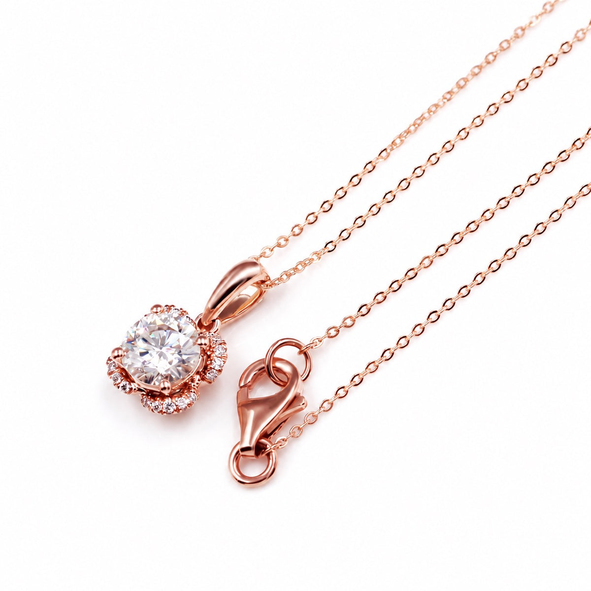 Side view of the rose gold moissanite pendant and chain