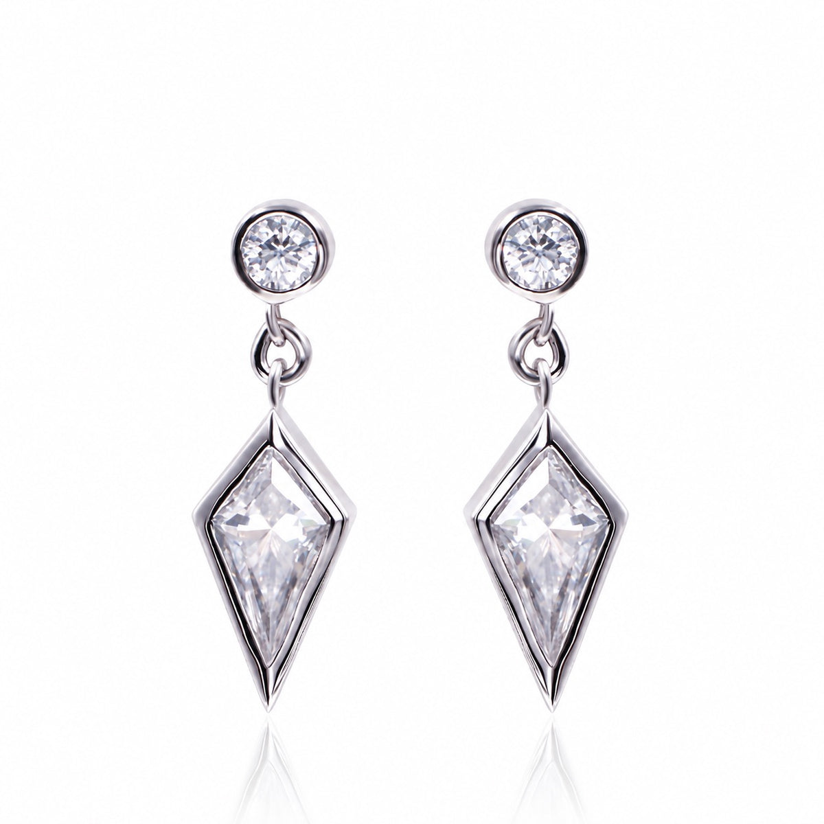 Platinum moissanite earrings showing the geometric design