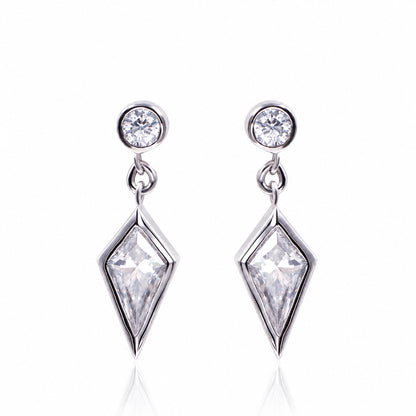 Platinum moissanite earrings showing the geometric design