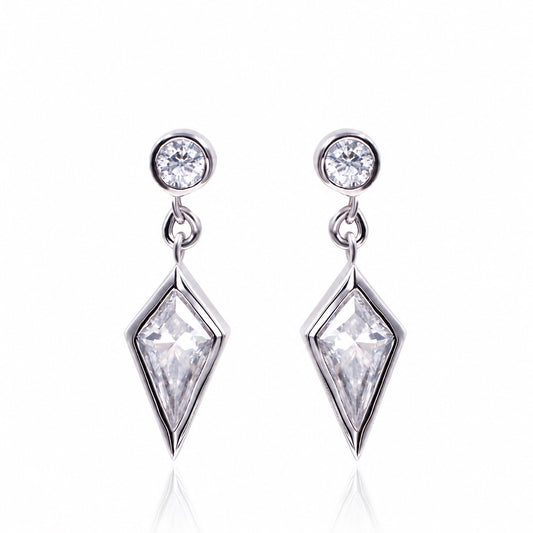 Platinum moissanite earrings showing the geometric design