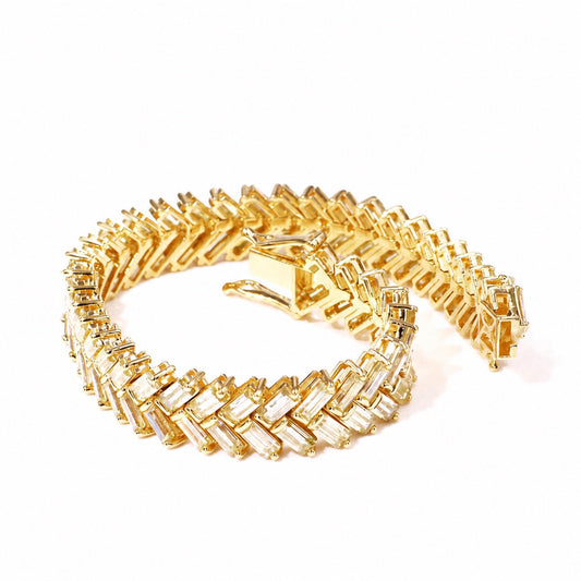 Angled rectangular moissanite settings and open bracelet clasp