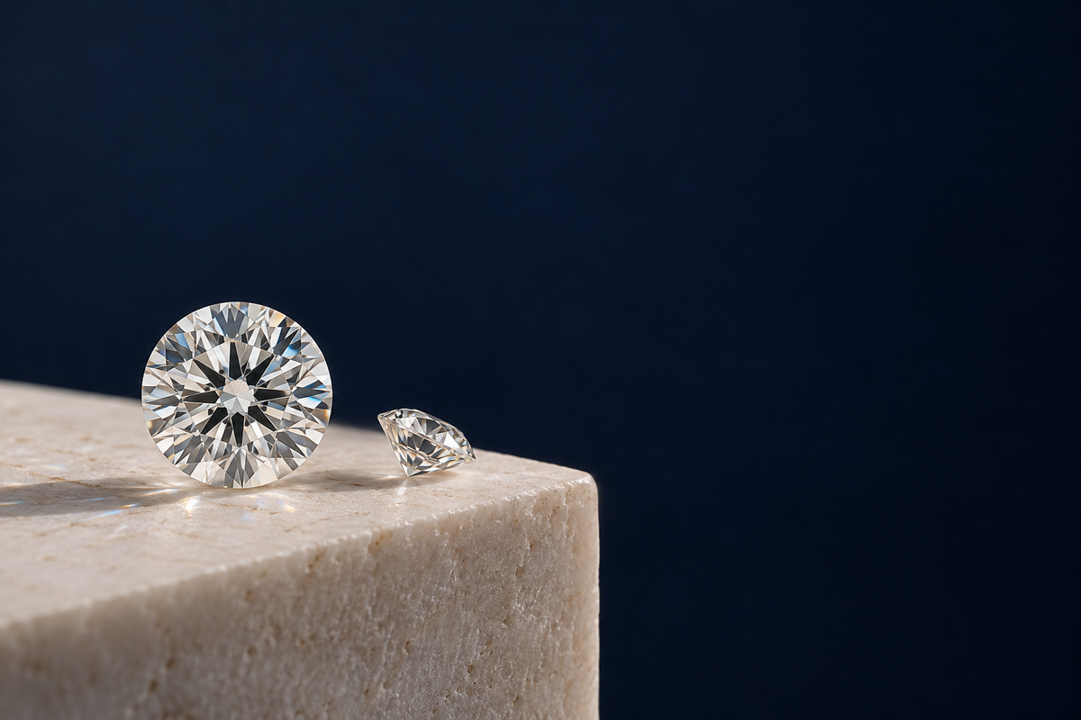Illustrative diamond study on pale stone against midnight blue.