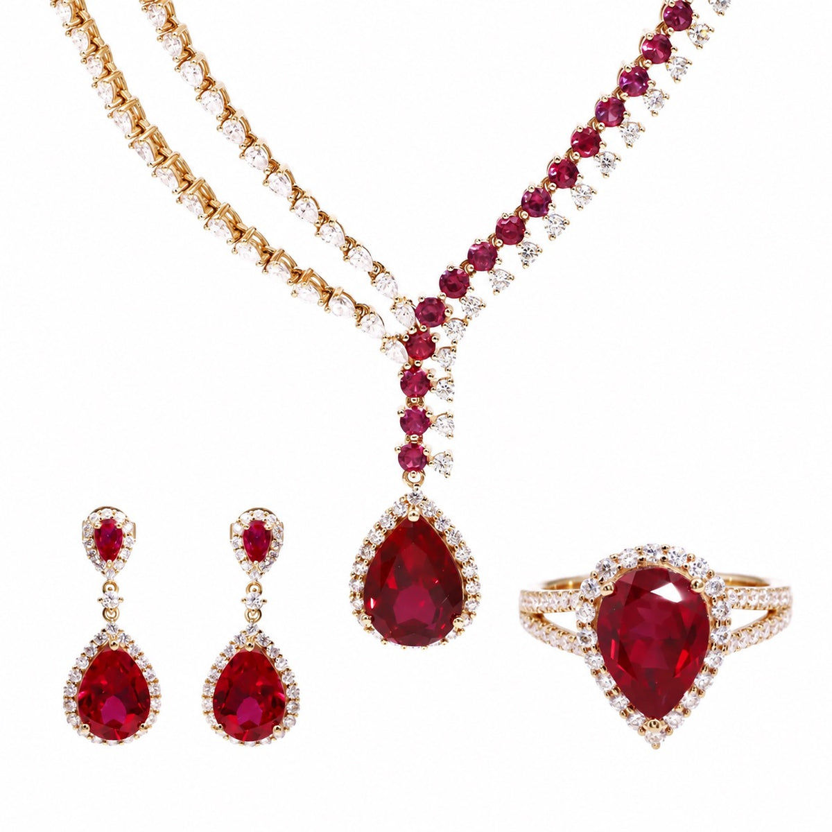 Lab ruby and moissanite necklace, earrings and heart-centred ring set